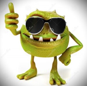 An animated bacteria character with sunglasses, giving a thumbs-up